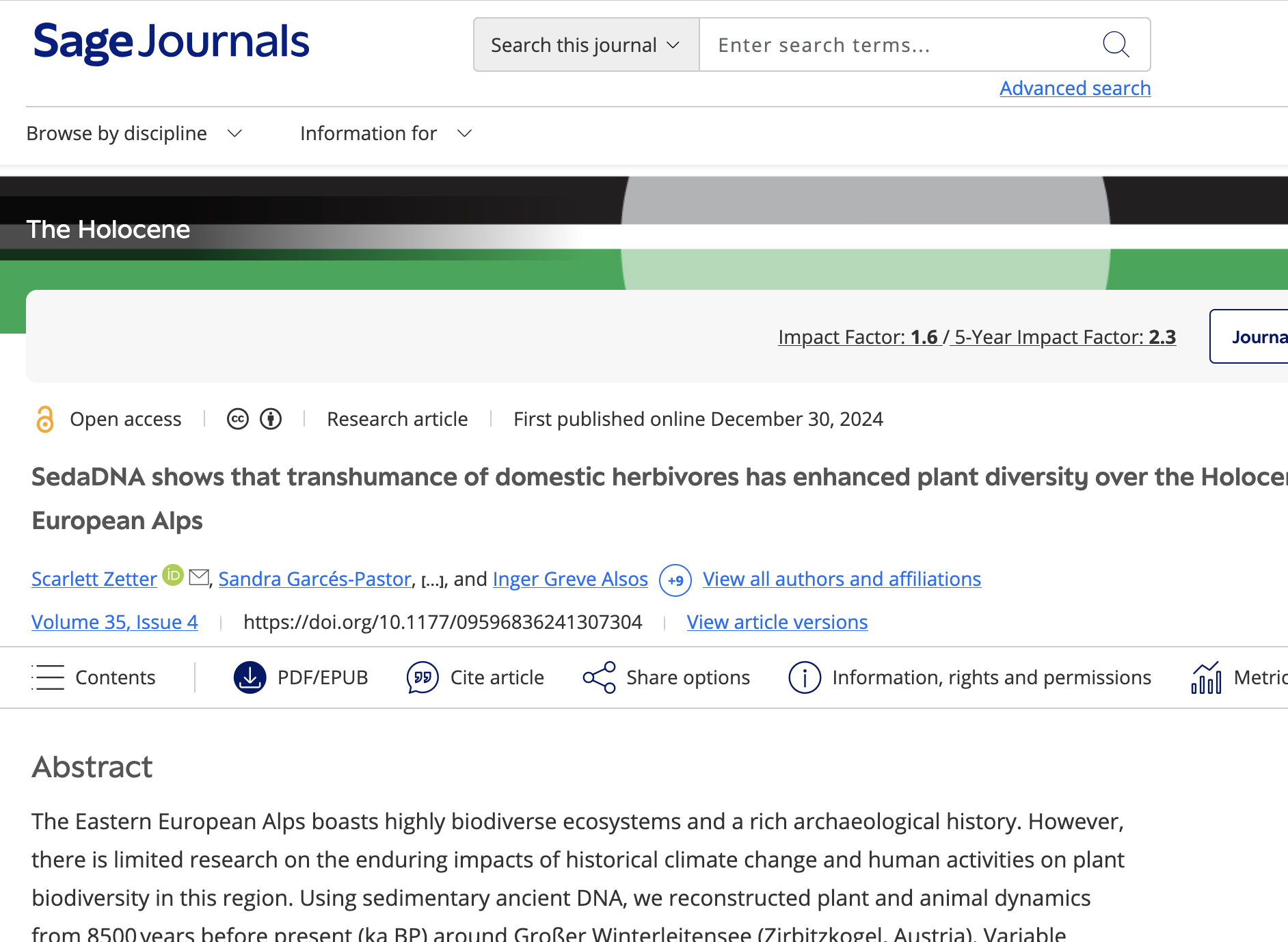 SedaDNA shows that transhumance of domestic herbivores has enhanced plant diversity over the Holocene in the Eastern European Alps